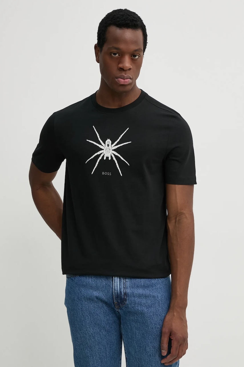 BOSS Orange tricou din bumbac barbati, culoarea negru, cu imprimeu, 50534924