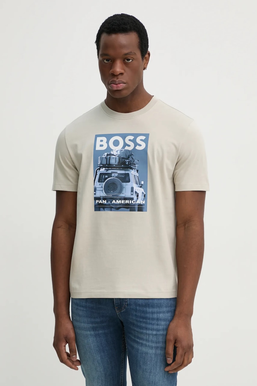 BOSS Orange tricou din bumbac barbati, culoarea bej, cu imprimeu, 50535079 BOSS Orange tricou din bumbac barbati, culoarea bej, cu imprimeu, 50535079