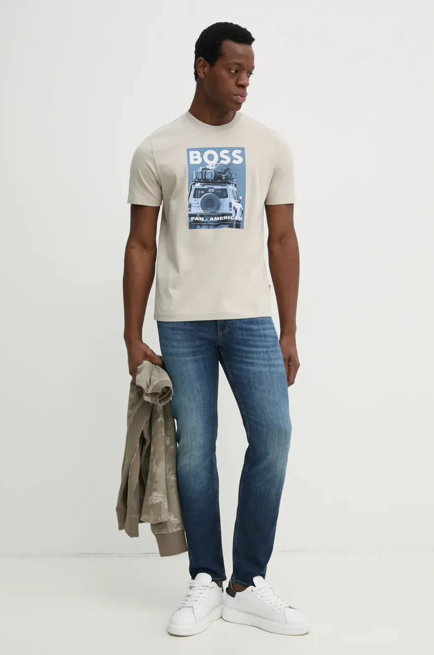 Хлопковая футболка BOSS Orange мужская цвет бежевый с принтом 50535079 Хлопковая футболка BOSS Orange мужская цвет бежевый с принтом 50535079