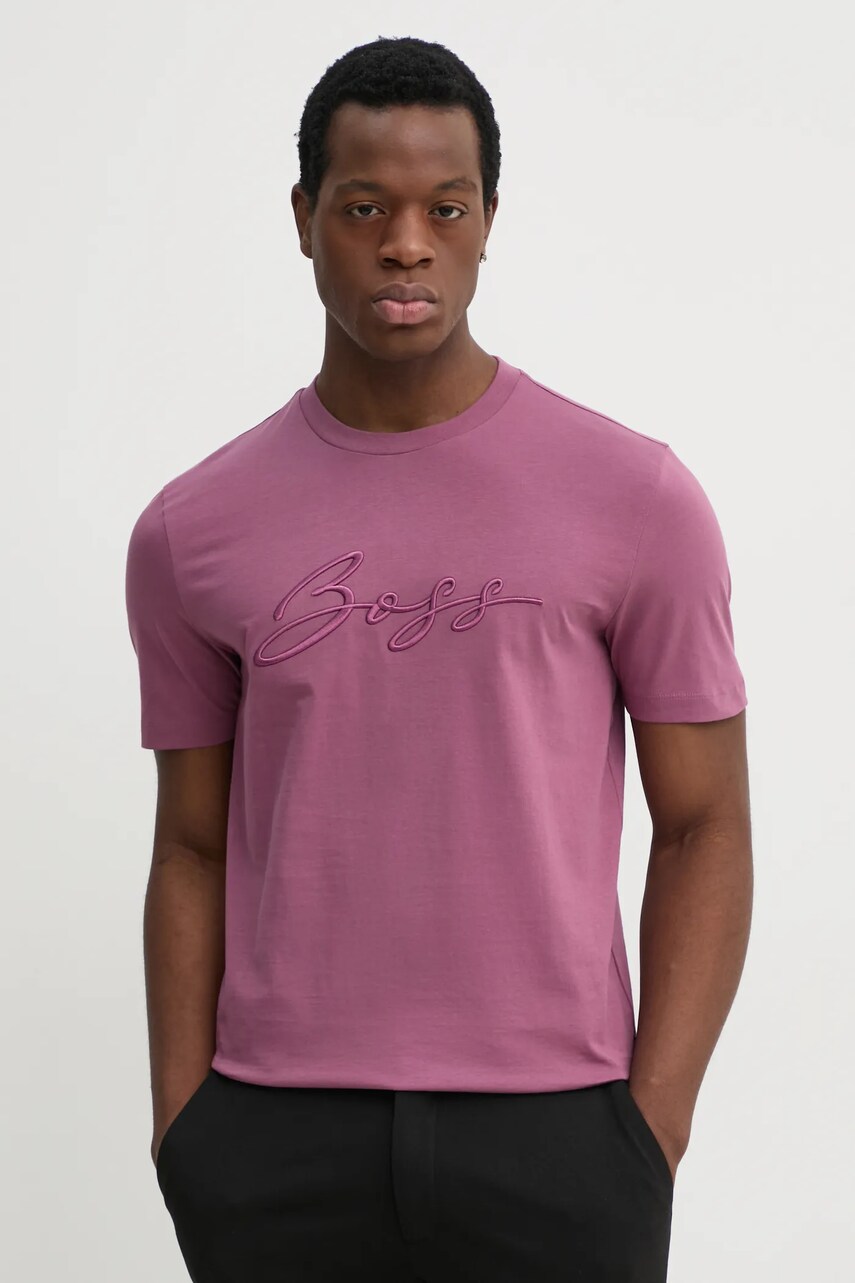 BOSS tricou din bumbac barbati, culoarea roz, cu imprimeu, 50531309