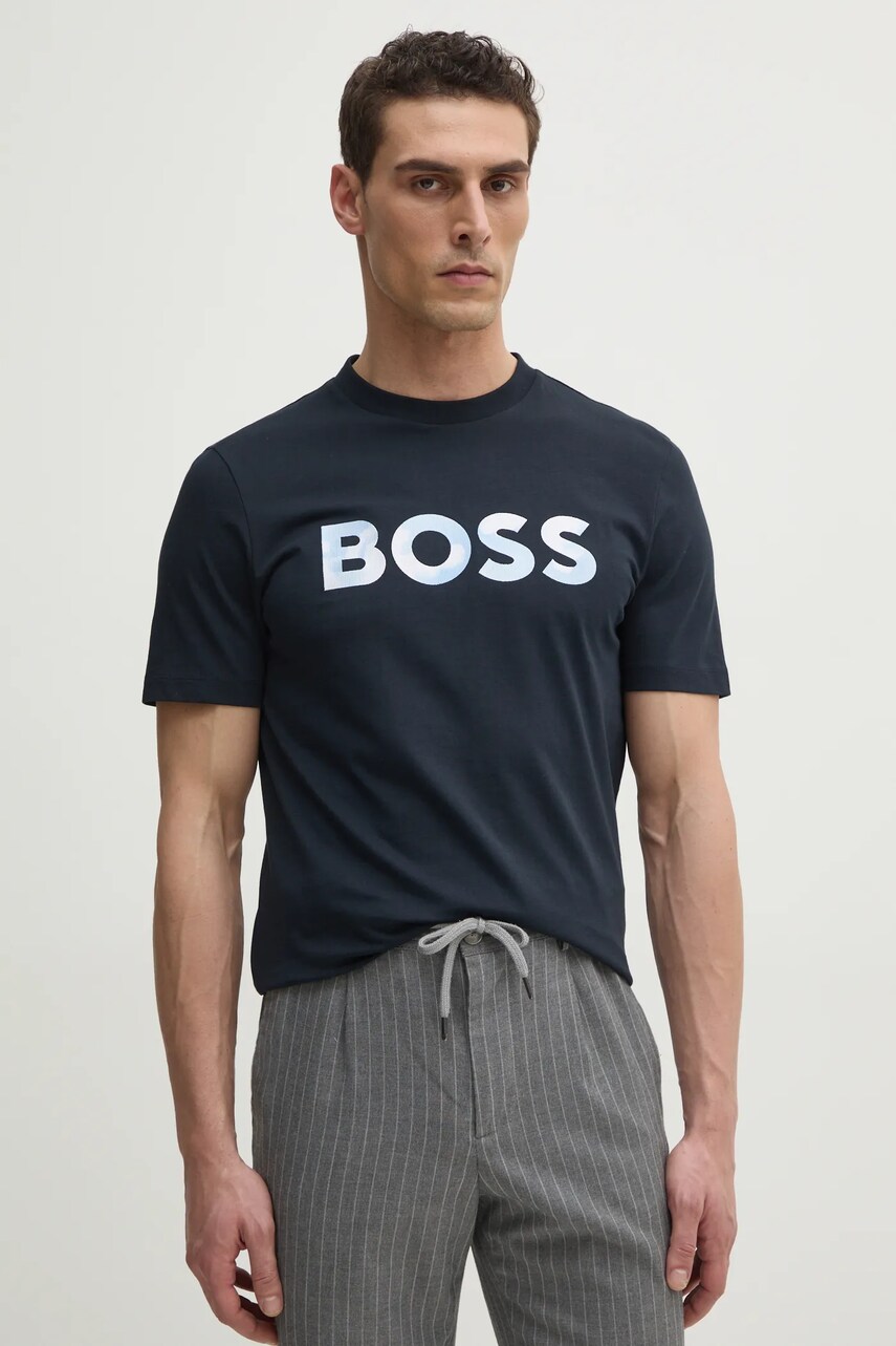 BOSS tricou din bumbac barbati, culoarea albastru marin, cu imprimeu, 50531309