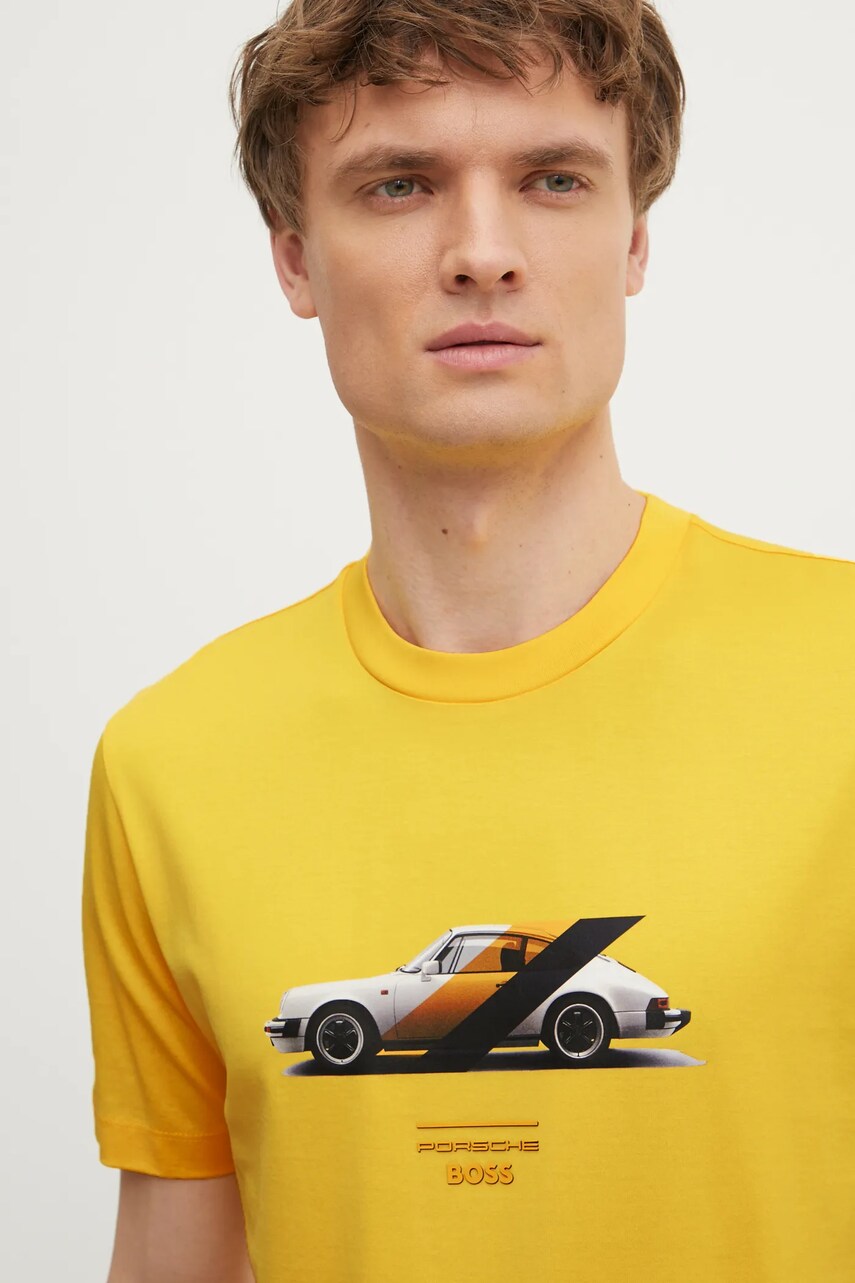 BOSS tricou din bumbac barbati, culoarea galben, cu imprimeu, 50531455