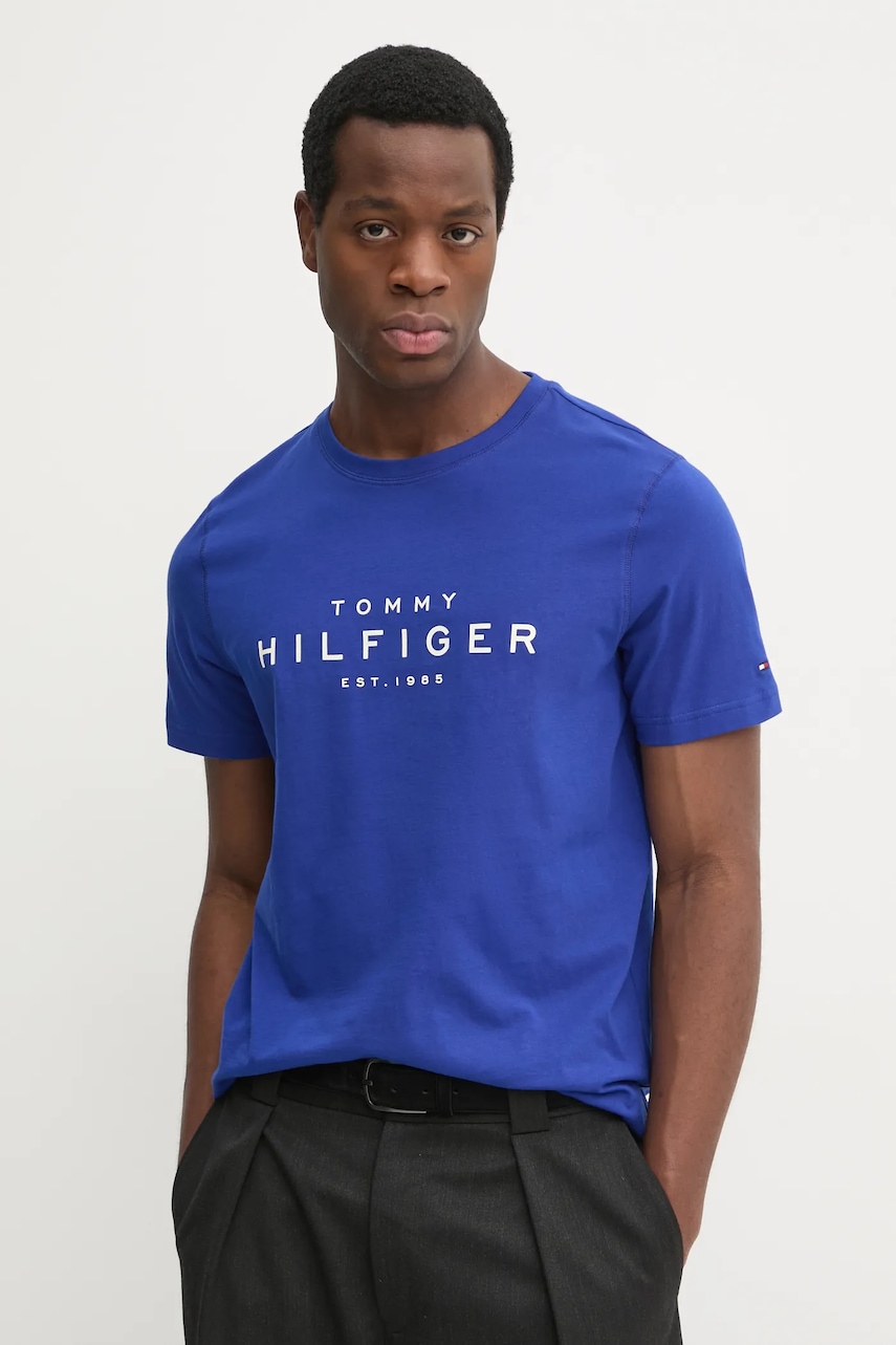 Levně Bavlněné tričko Tommy Hilfiger modrá barva, s potiskem, MW0MW37448