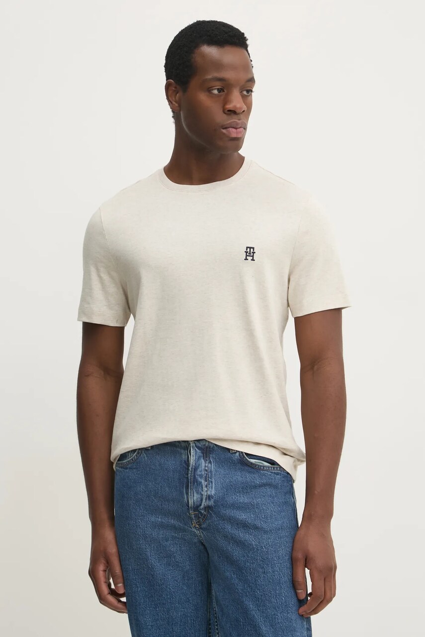 Levně Bavlněné tričko Tommy Hilfiger béžová barva, MW0MW37510