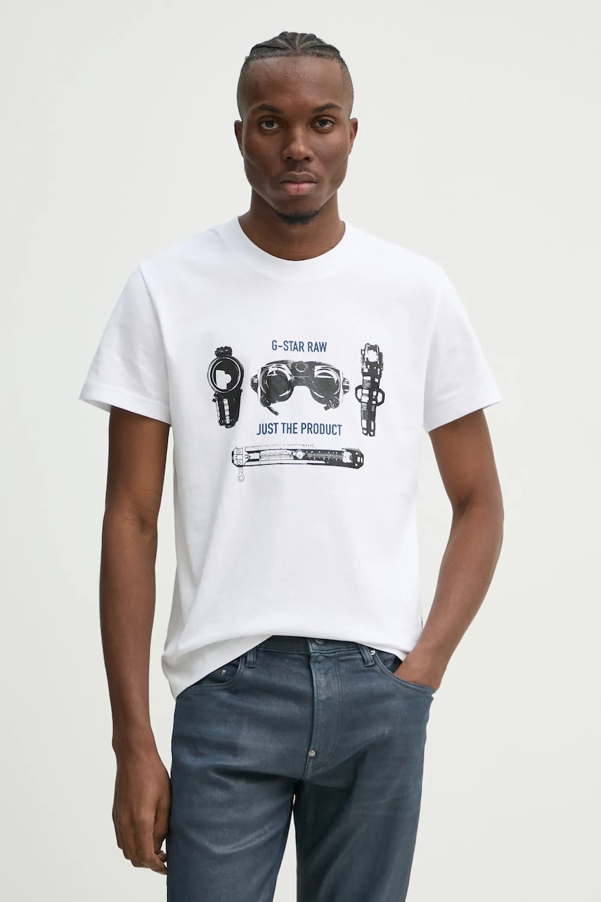 G-Star Raw tricou din bumbac barbati, culoarea alb, cu imprimeu, D25143-C336 G-Star Raw tricou din bumbac barbati, culoarea alb, cu imprimeu, D25143-C336