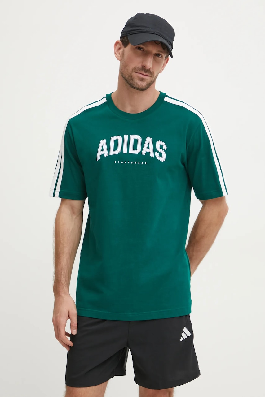 adidas tricou din bumbac M C COLLE Collegiate barbati, culoarea verde, cu imprimeu, JJ3869 adidas tricou din bumbac M C COLLE Collegiate barbati, culoarea verde, cu imprimeu, JJ3869