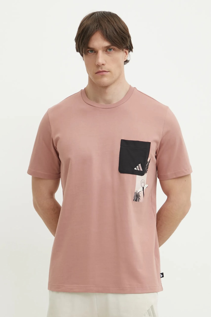 adidas tricou din bumbac M T LENS PKT T barbati, culoarea roz, cu imprimeu, JJ3927 adidas tricou din bumbac M T LENS PKT T barbati, culoarea roz, cu imprimeu, JJ3927