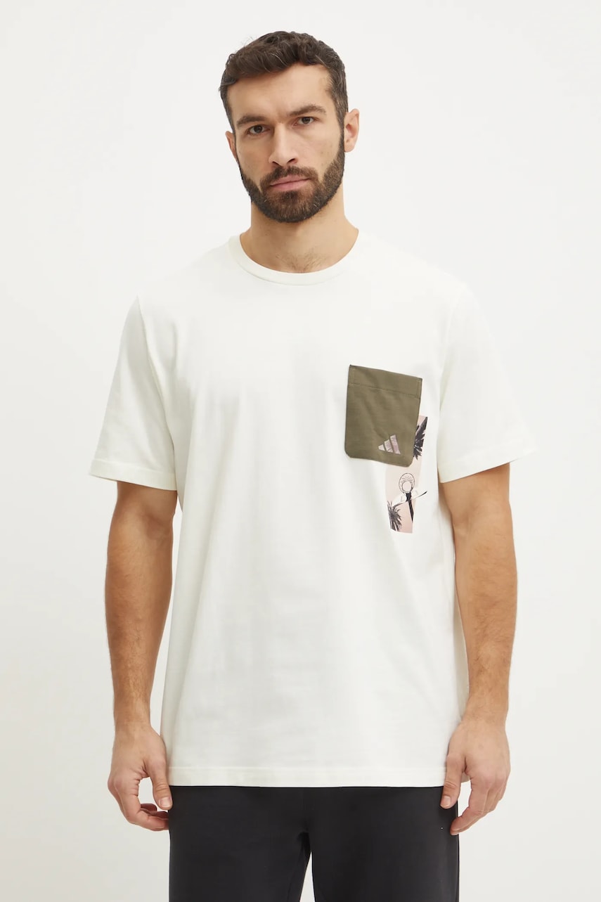 adidas tricou din bumbac M T LENS PKT T barbati, culoarea bej, cu imprimeu, JJ3928 adidas tricou din bumbac M T LENS PKT T barbati, culoarea bej, cu imprimeu, JJ3928
