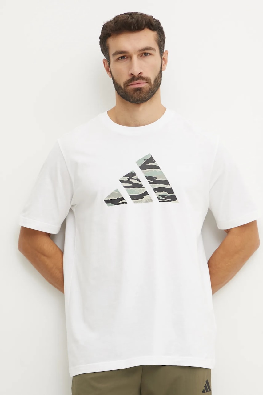 adidas tricou din bumbac Camo bărbați, culoarea bej, cu imprimeu, JI6770 adidas tricou din bumbac Camo bărbați, culoarea bej, cu imprimeu, JI6770