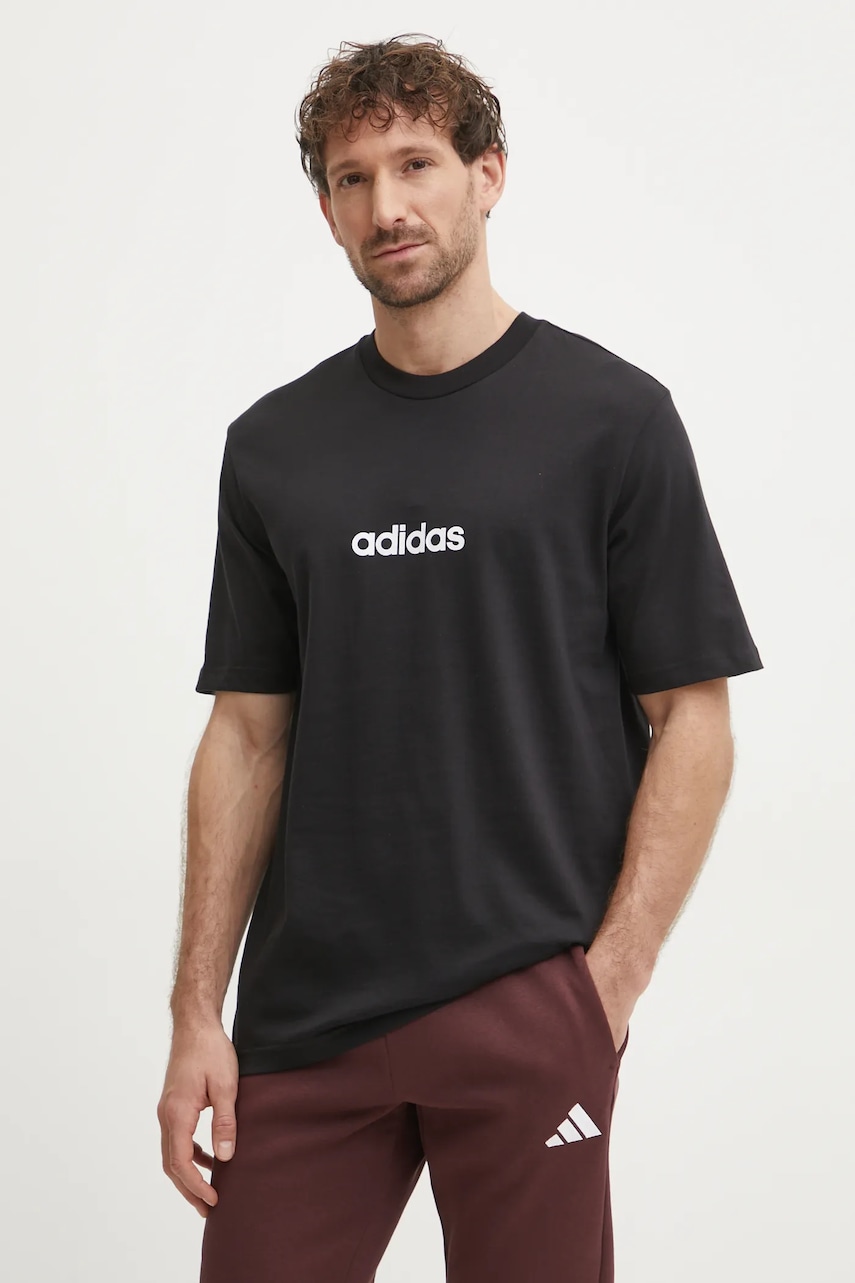 Levně Bavlněné tričko adidas Essentials Linear černá barva, s potiskem, JE8993