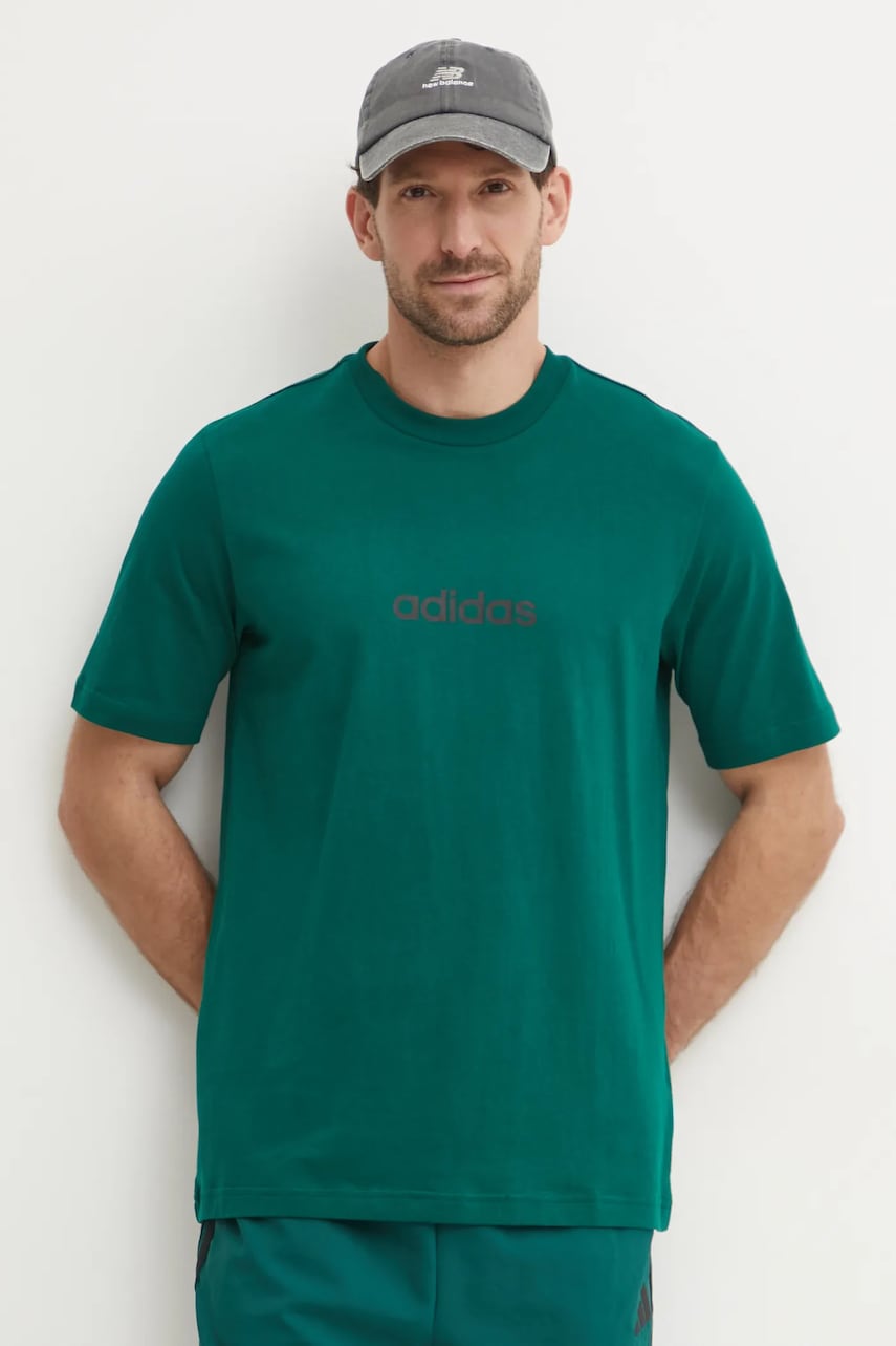 adidas tricou din bumbac Essentials Linear barbati, culoarea verde, cu imprimeu, JE8997 adidas tricou din bumbac Essentials Linear barbati, culoarea verde, cu imprimeu, JE8997