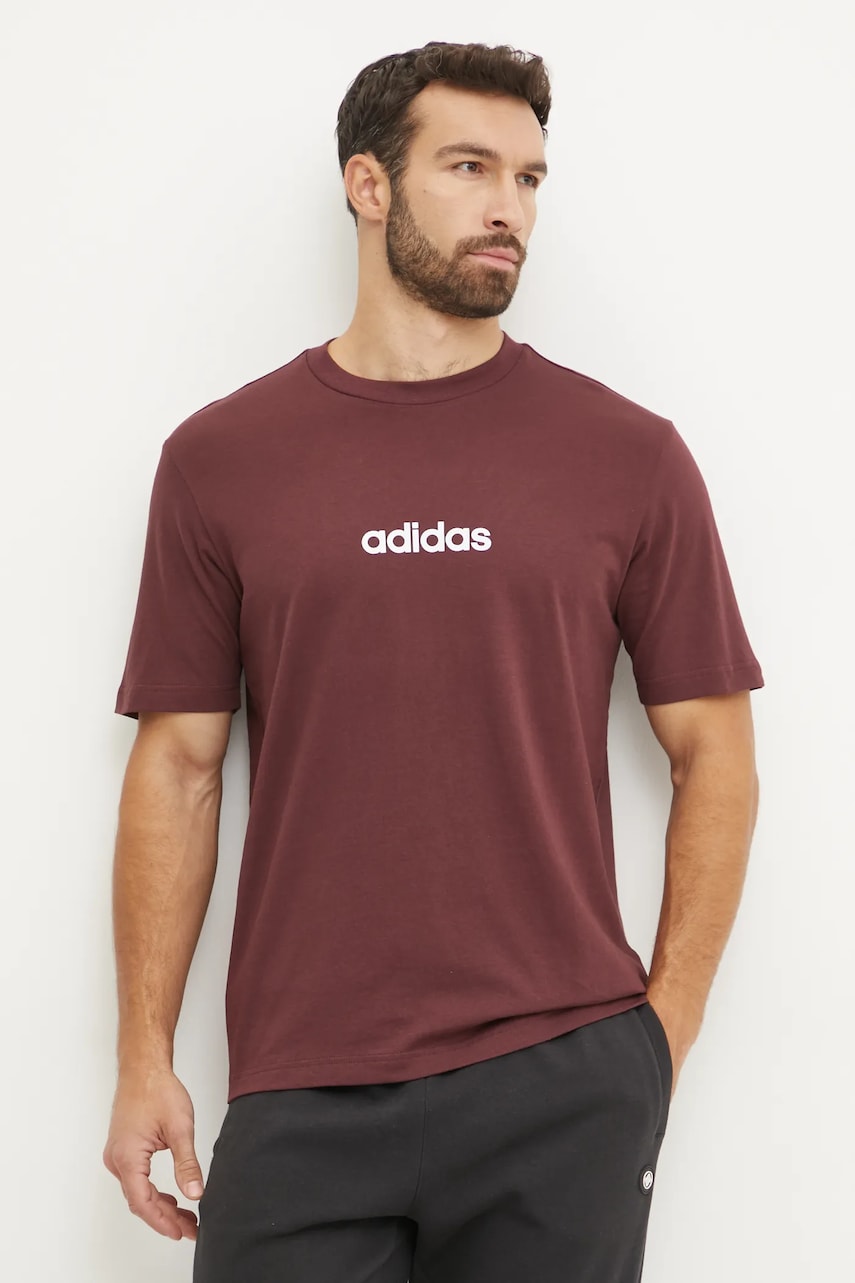 adidas tricou din bumbac Essentials Linear barbati, culoarea rosu, cu imprimeu, JE8998 adidas tricou din bumbac Essentials Linear barbati, culoarea rosu, cu imprimeu, JE8998