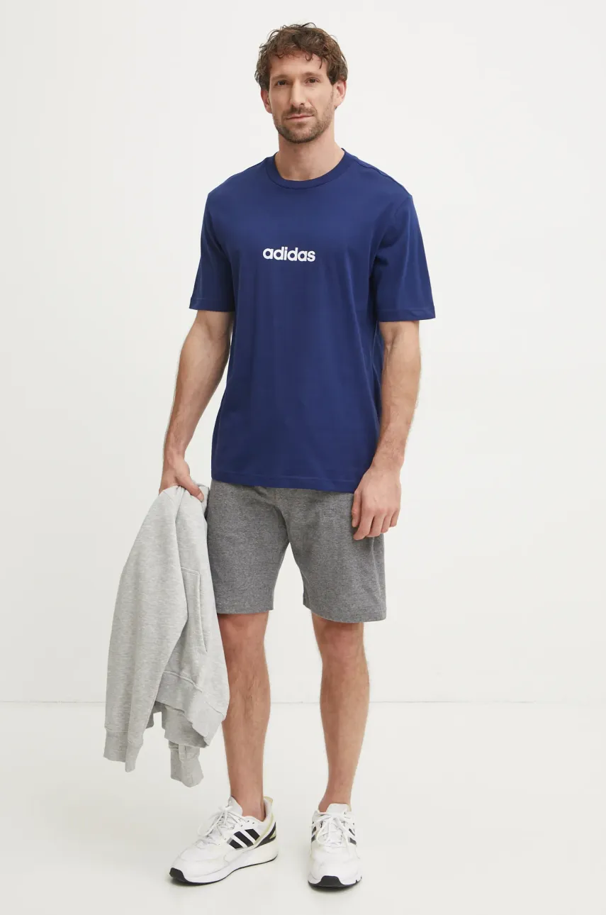 Хлопковая футболка adidas Essentials Linear мужская цвет синий с принтом JE8999 Хлопковая футболка adidas Essentials Linear мужская цвет синий с принтом JE8999