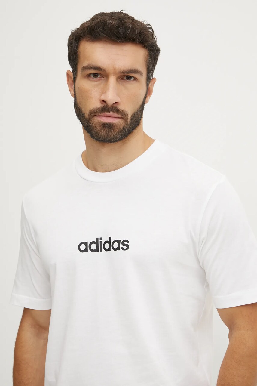 adidas tricou din bumbac Essentials Linear barbati, culoarea bej, cu imprimeu, JE9000 adidas tricou din bumbac Essentials Linear barbati, culoarea bej, cu imprimeu, JE9000
