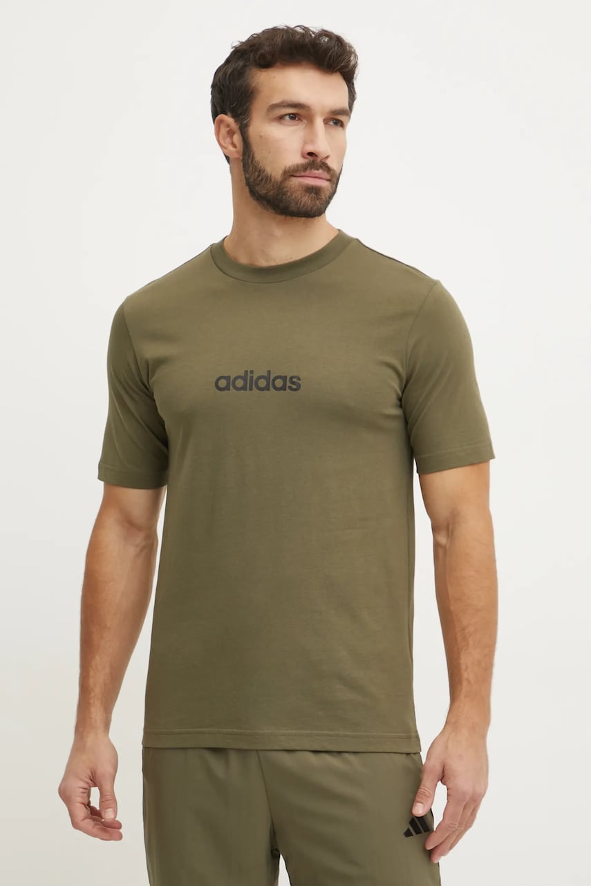 adidas tricou din bumbac Essentials Linear bărbați, culoarea verde, cu imprimeu, JE9001 adidas tricou din bumbac Essentials Linear bărbați, culoarea verde, cu imprimeu, JE9001