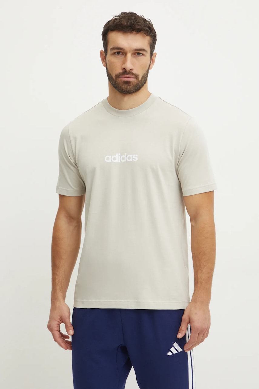 adidas tricou din bumbac Essentials Linear bărbați, culoarea bej, cu imprimeu, JE9007 adidas tricou din bumbac Essentials Linear bărbați, culoarea bej, cu imprimeu, JE9007