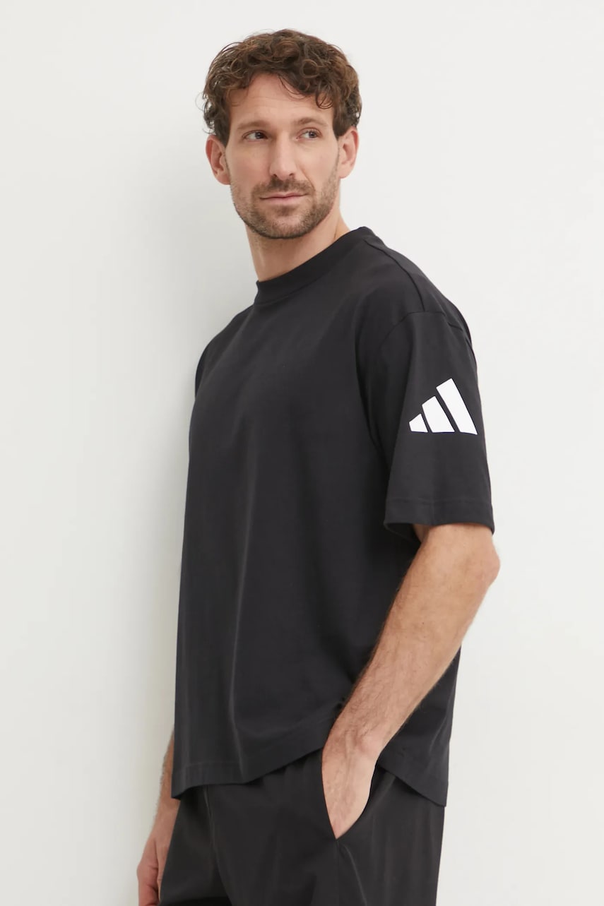 adidas tricou din bumbac Essentials barbati, culoarea negru, cu imprimeu, JF3615 adidas tricou din bumbac Essentials barbati, culoarea negru, cu imprimeu, JF3615