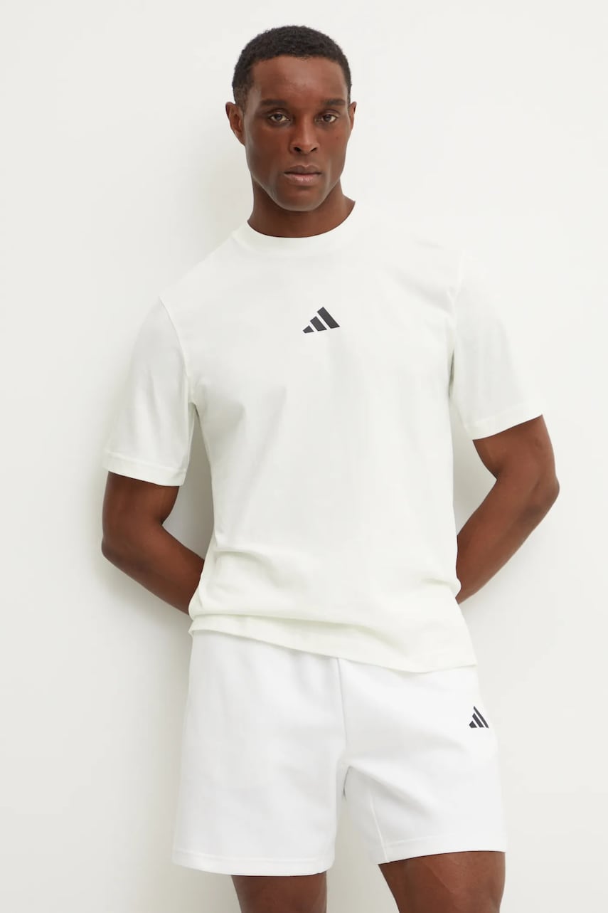 adidas tricou din bumbac City Escape barbati, culoarea bej, neted, JF3327 adidas tricou din bumbac City Escape barbati, culoarea bej, neted, JF3327