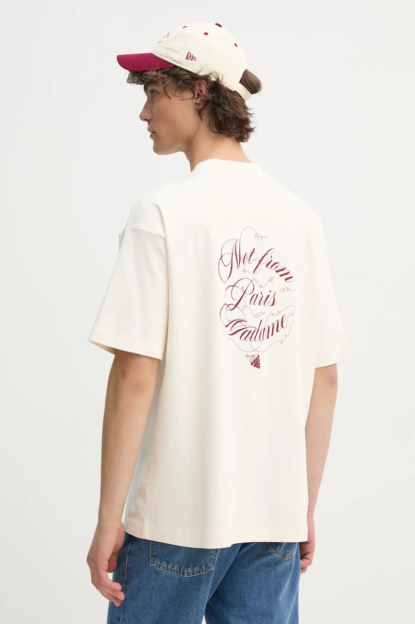 Drôle de Monsieur tricou din bumbac Le T-Shirt Slogan Vignes bărbați, culoarea bej, cu imprimeu, F-TS226-CO002-CM Drôle de Monsieur tricou din bumbac Le T-Shirt Slogan Vignes bărbați, culoarea bej, cu imprimeu, F-TS226-CO002-CM
