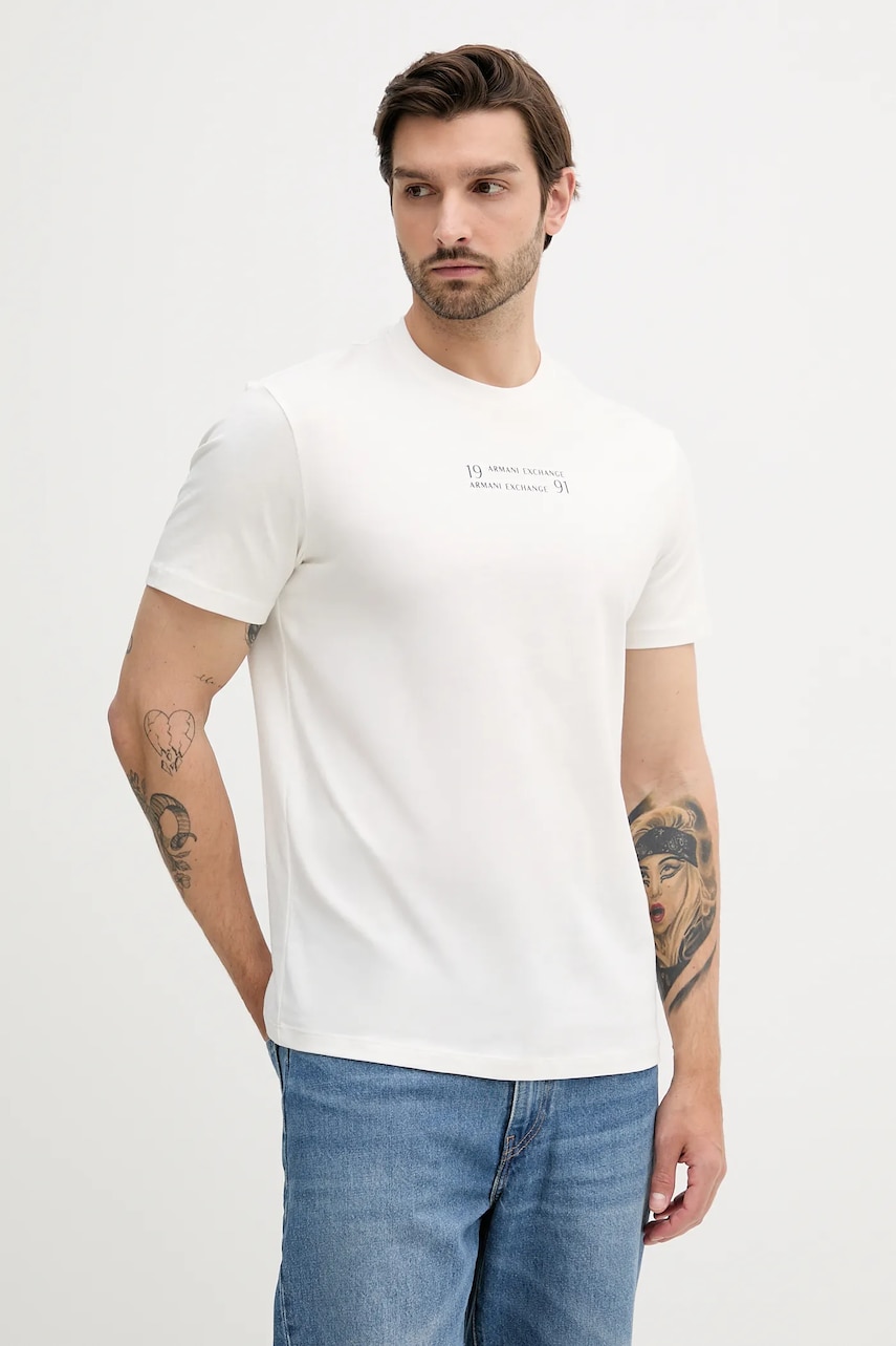 Armani Exchange tricou din bumbac culoarea bej, cu imprimeu, XM000539 AF10362