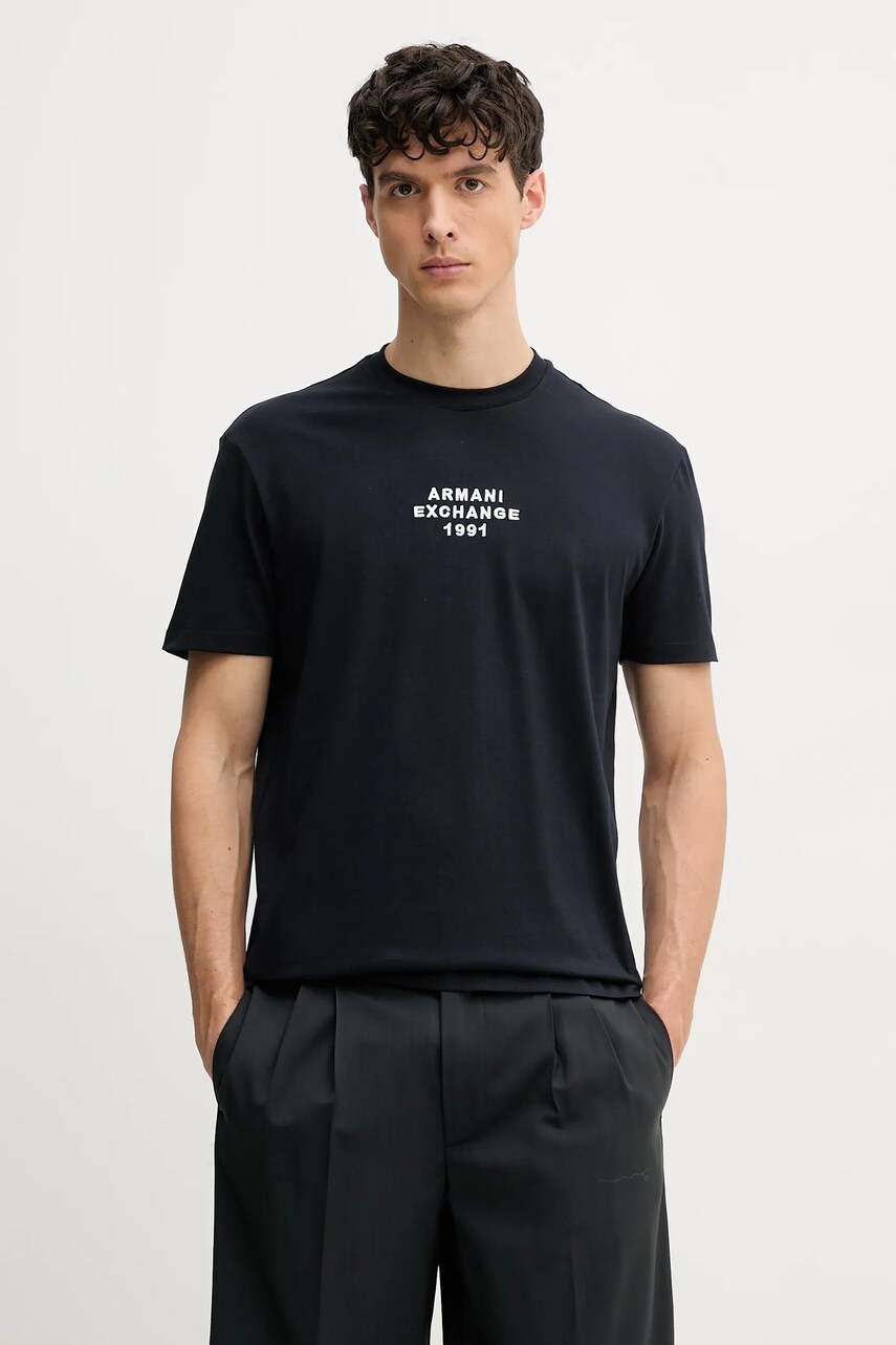 Armani Exchange tricou din bumbac barbati, culoarea albastru marin, cu imprimeu, XM000540 AF10362