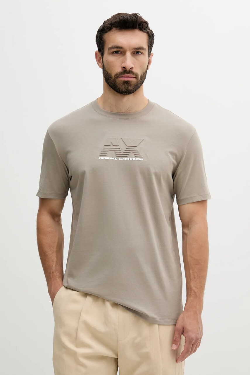 Armani Exchange tricou din bumbac barbati, culoarea bej, cu imprimeu, XM000544 AF10361