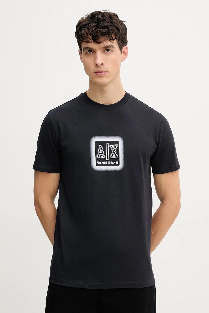 Armani Exchange tricou din bumbac barbati, culoarea albastru marin, cu imprimeu, XM000545 AF10361