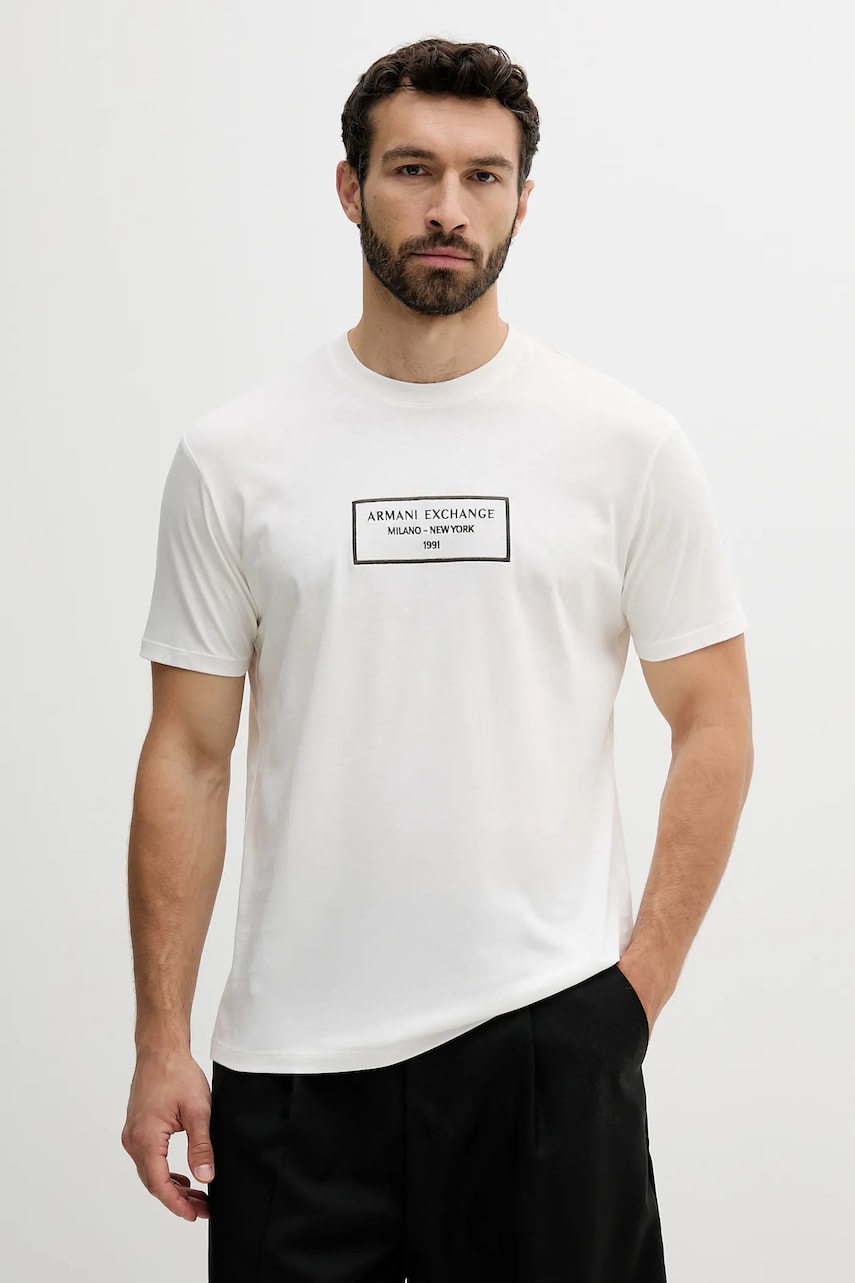 Armani Exchange tricou din bumbac culoarea alb, cu imprimeu, XM000552 AF10356