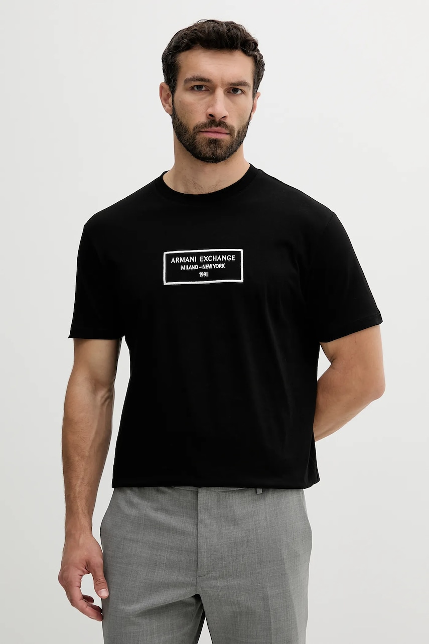 Armani Exchange tricou din bumbac culoarea negru, cu imprimeu, XM000552 AF10356