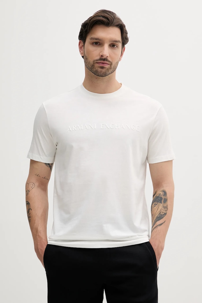 Armani Exchange tricou din bumbac culoarea alb, cu imprimeu, XM000554 AF10356