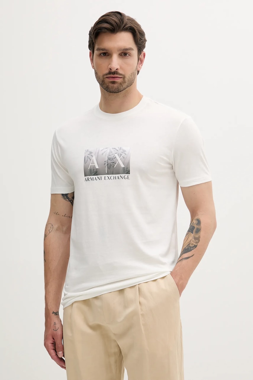 Armani Exchange tricou din bumbac culoarea alb, cu imprimeu, XM000555 AF10358
