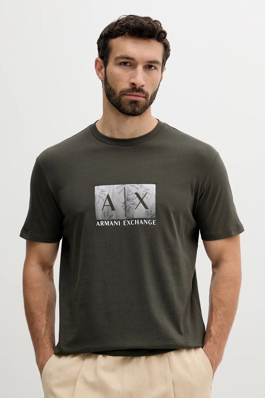 Armani Exchange tricou din bumbac culoarea verde, cu imprimeu, XM000555 AF10358