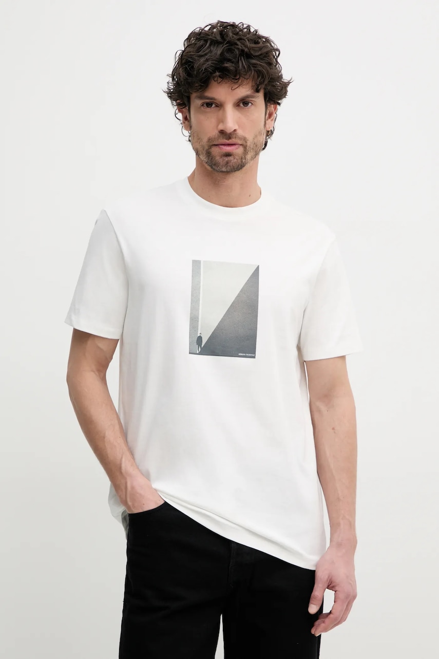 Armani Exchange tricou din bumbac bărbați, culoarea bej, cu imprimeu, XM000753 AF10361