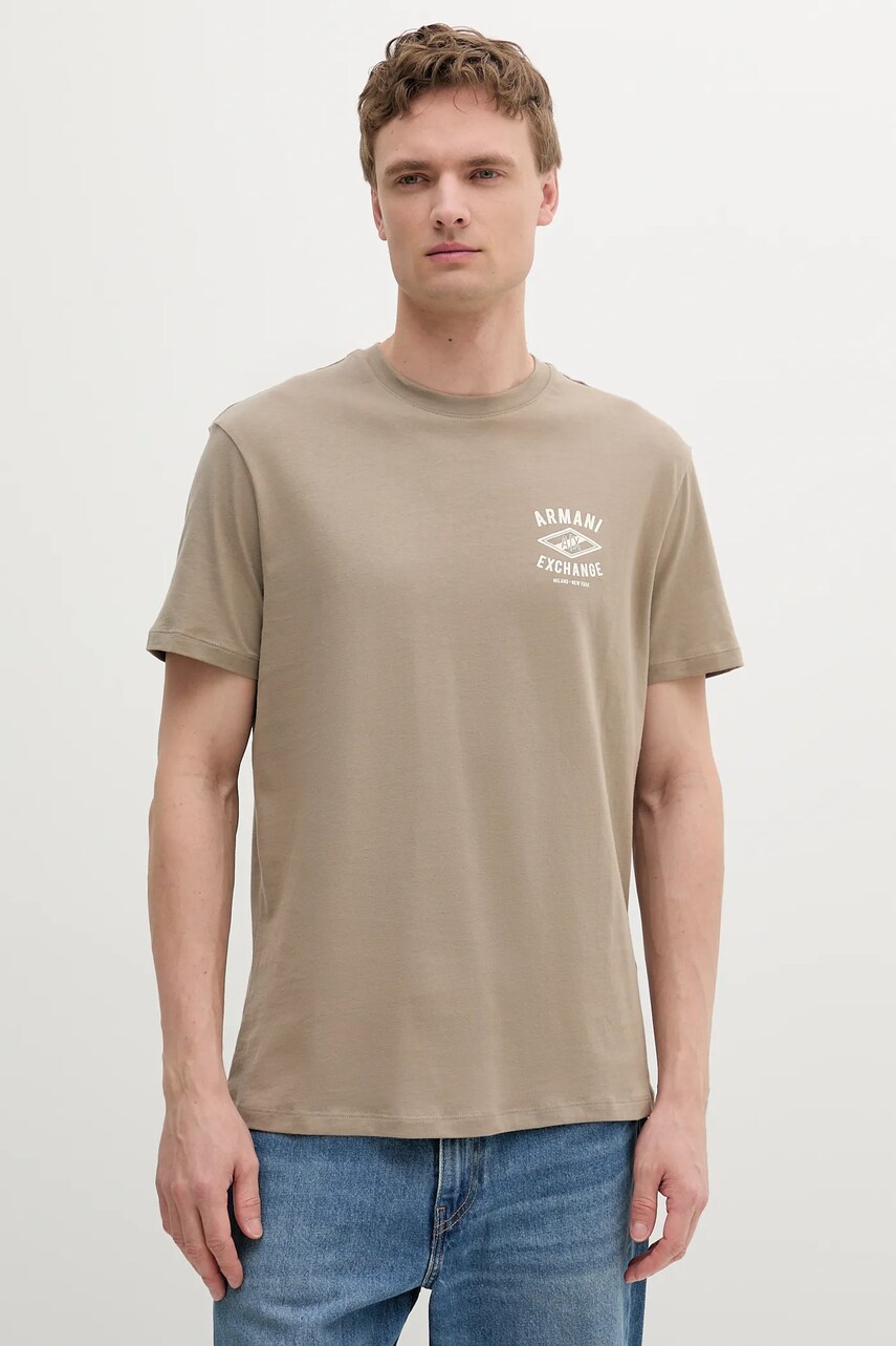 Armani Exchange tricou din bumbac culoarea bej, cu imprimeu, XM000550 AF10362