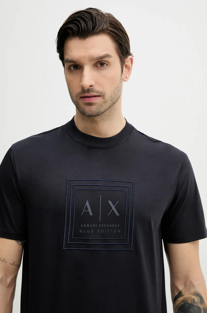 Armani Exchange tricou din bumbac barbati, culoarea albastru marin, cu imprimeu, XM000358 AF10364