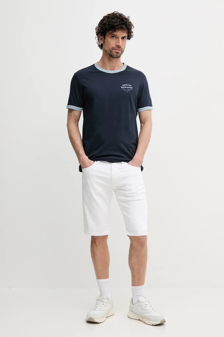 Хлопковая футболка Armani Exchange мужская цвет синий с аппликацией XM000536 AF10334 Хлопковая футболка Armani Exchange мужская цвет синий с аппликацией XM000536 AF10334