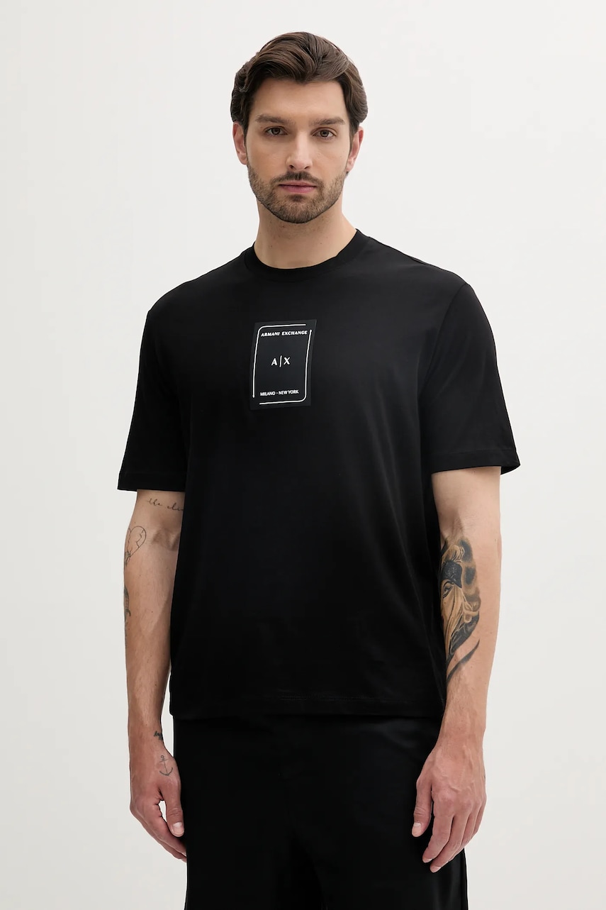 Levně Bavlněné tričko Armani Exchange pánské, černá barva, s aplikací, XM000570 AF10356