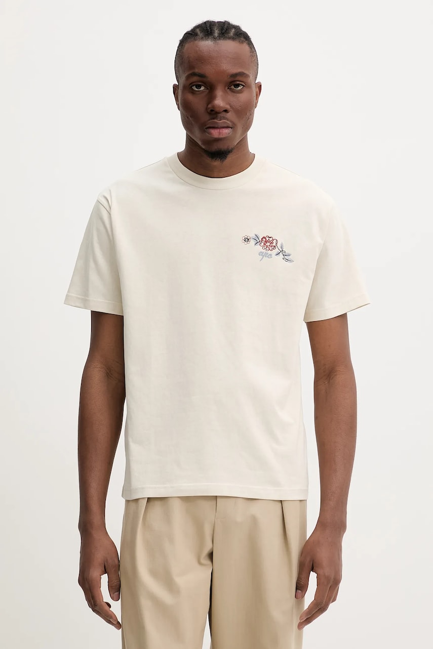 A.P.C. tricou din bumbac t-shirt oscar culoarea bej, cu imprimeu, COGCK.H26511 A.P.C. tricou din bumbac t-shirt oscar culoarea bej, cu imprimeu, COGCK.H26511