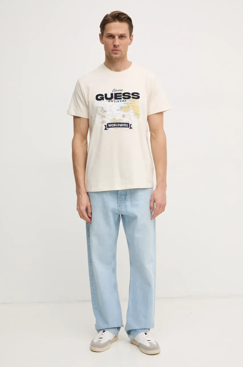 Хлопковая футболка Guess мужская цвет бежевый с аппликацией M5RI10 I3Z14 Хлопковая футболка Guess мужская цвет бежевый с аппликацией M5RI10 I3Z14