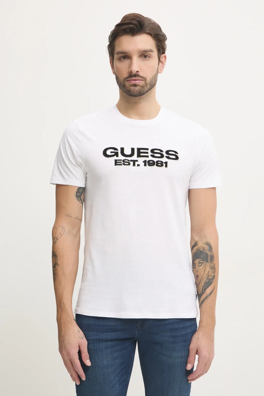 Levně Bavlněné tričko Guess bílá barva, s aplikací, M5RI50 K9RM1