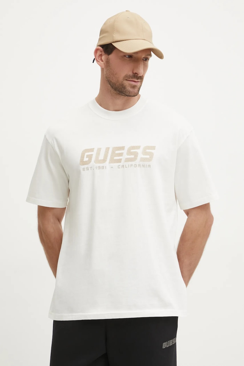 

Памучна тениска Guess SURON в бежово с апликация Z5RI10 I3Z14, Бежов