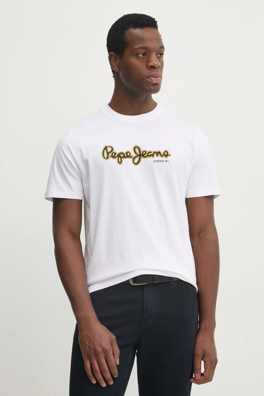 Pepe Jeans tricou din bumbac DORIAN TEE bărbați, culoarea alb, cu imprimeu, PM509721