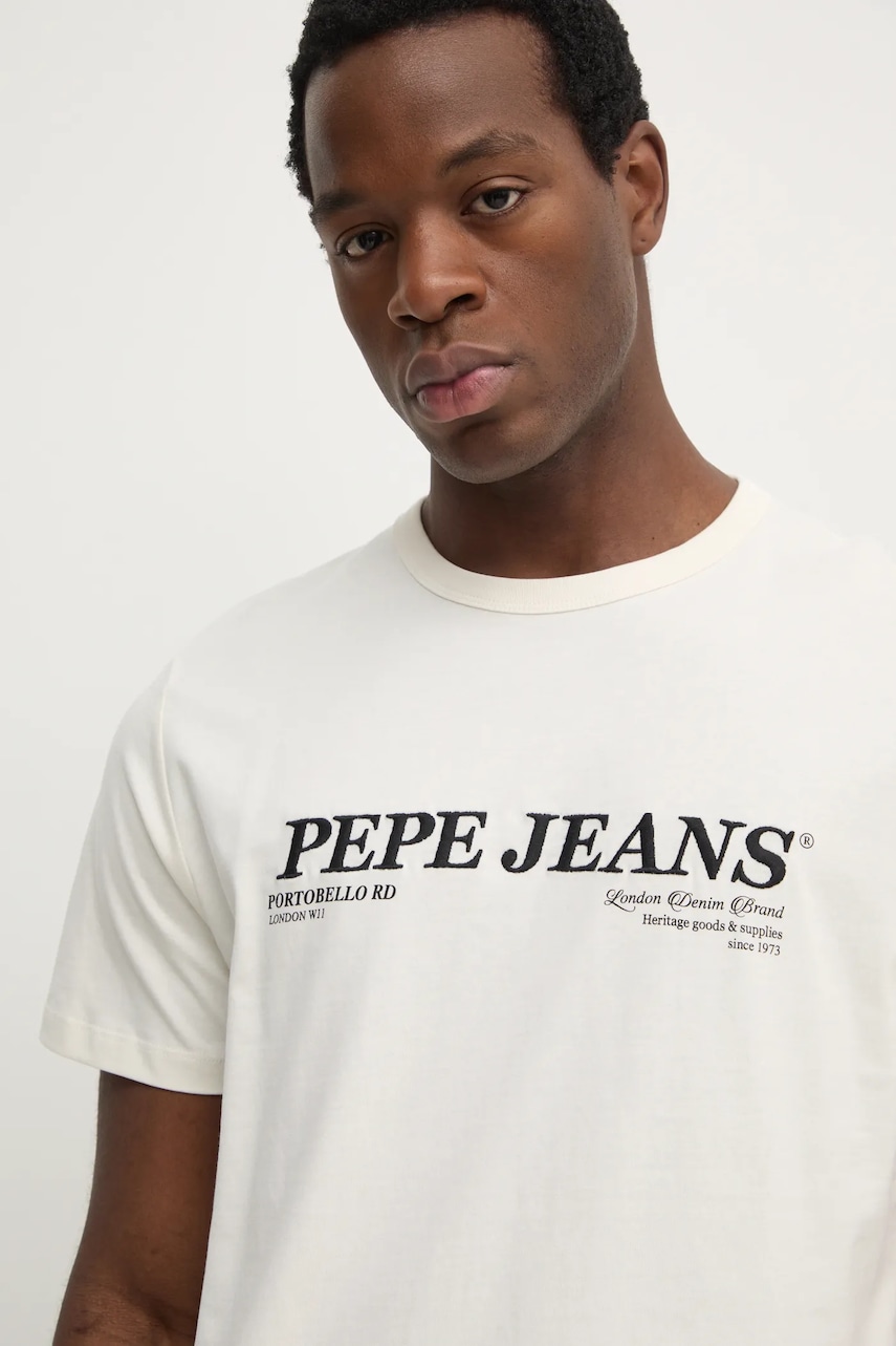 Pepe Jeans tricou din bumbac DYLAN TEE barbati, culoarea bej, cu imprimeu, PM509728