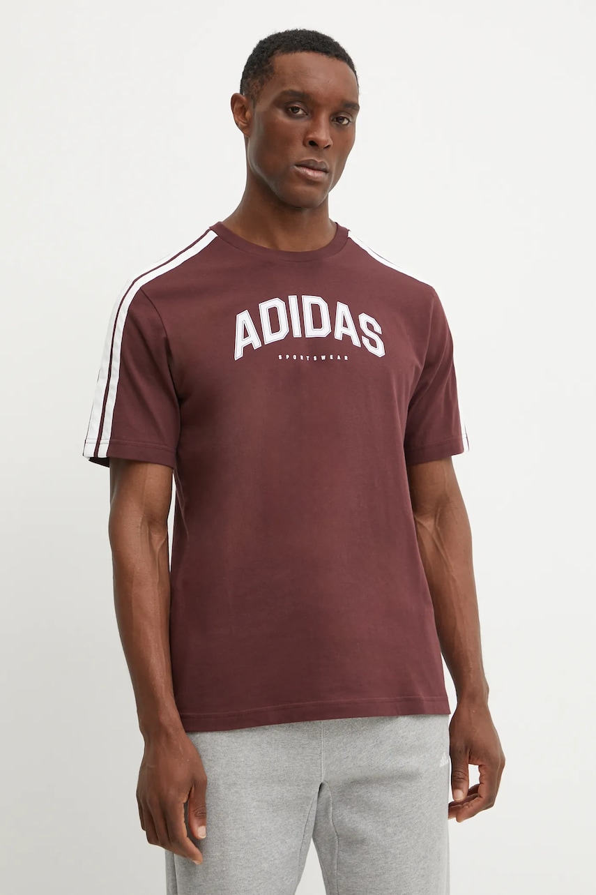adidas tricou din bumbac M C COLLE Collegiate barbati, culoarea bordo, cu imprimeu, JM0380 adidas tricou din bumbac M C COLLE Collegiate barbati, culoarea bordo, cu imprimeu, JM0380