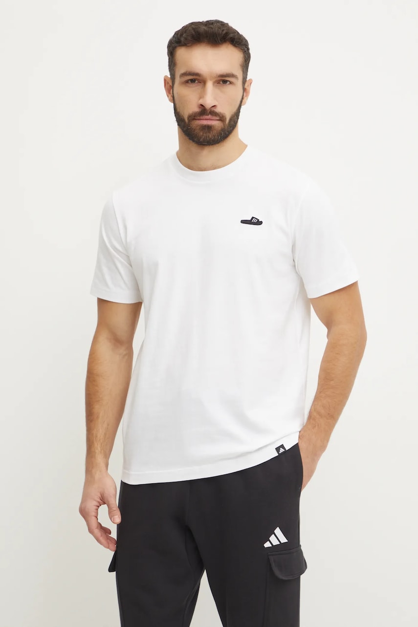 adidas tricou din bumbac M L SLIDE TEE barbati, culoarea bej, cu imprimeu, JJ4002 adidas tricou din bumbac M L SLIDE TEE barbati, culoarea bej, cu imprimeu, JJ4002