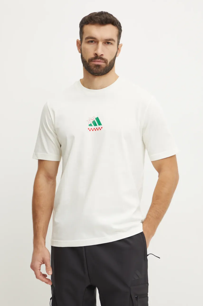 Хлопковая футболка adidas M L PIZZA TEE мужская цвет бежевый с принтом JJ4016 Хлопковая футболка adidas M L PIZZA TEE мужская цвет бежевый с принтом JJ4016