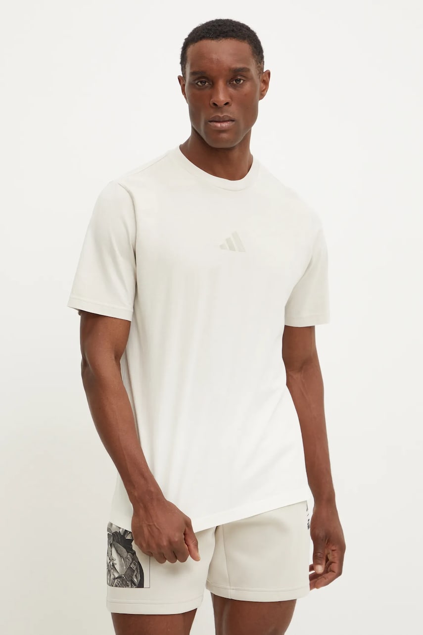 adidas tricou din bumbac ALL SZN Dip Dye barbati, culoarea bej, neted, JJ3696 adidas tricou din bumbac ALL SZN Dip Dye barbati, culoarea bej, neted, JJ3696