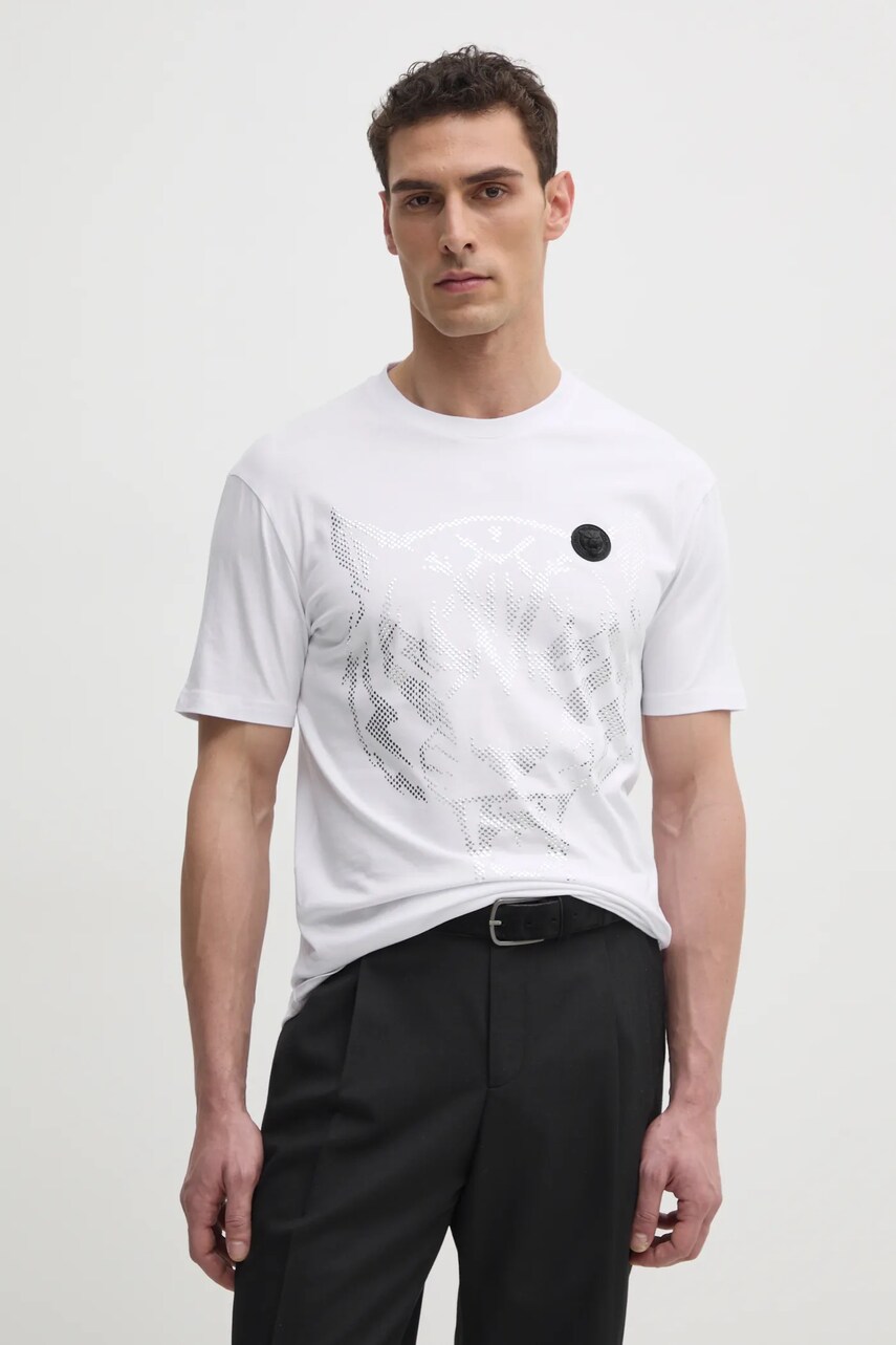 PLEIN SPORT tricou din bumbac barbati, culoarea alb, cu imprimeu, SAEC MTK8009 STE001N PLEIN SPORT tricou din bumbac barbati, culoarea alb, cu imprimeu, SAEC MTK8009 STE001N