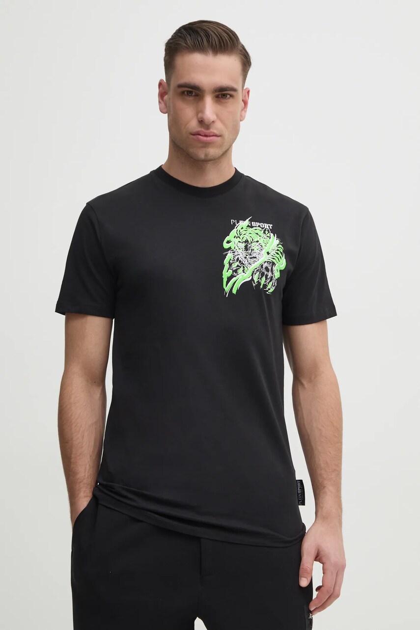 PLEIN SPORT tricou din bumbac barbati, culoarea negru, cu imprimeu, SAEC MTK8014 STE001N