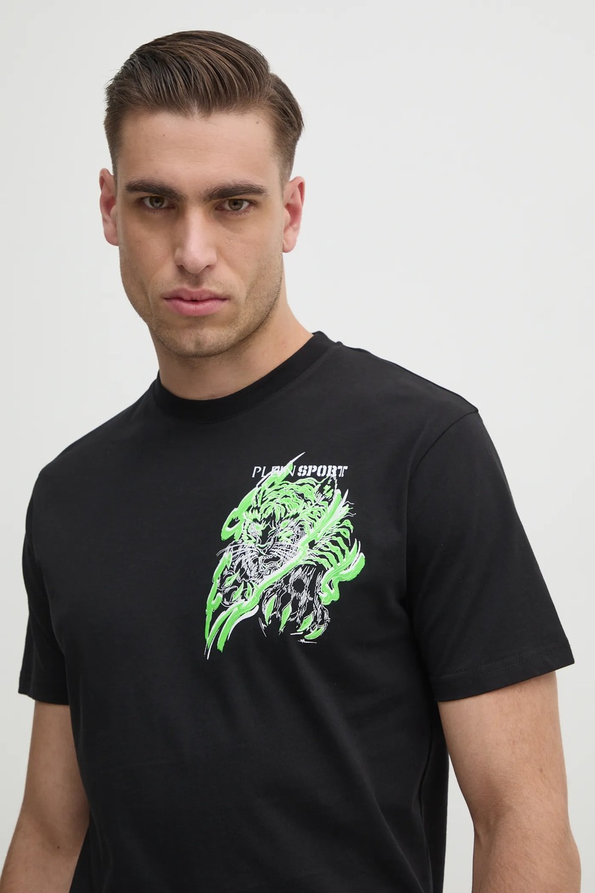 Βαμβακερό μπλουζάκι PLEIN SPORT ανδρικό, χρώμα: μαύρο, SAEC MTK8014 STE001N φωτογραφία